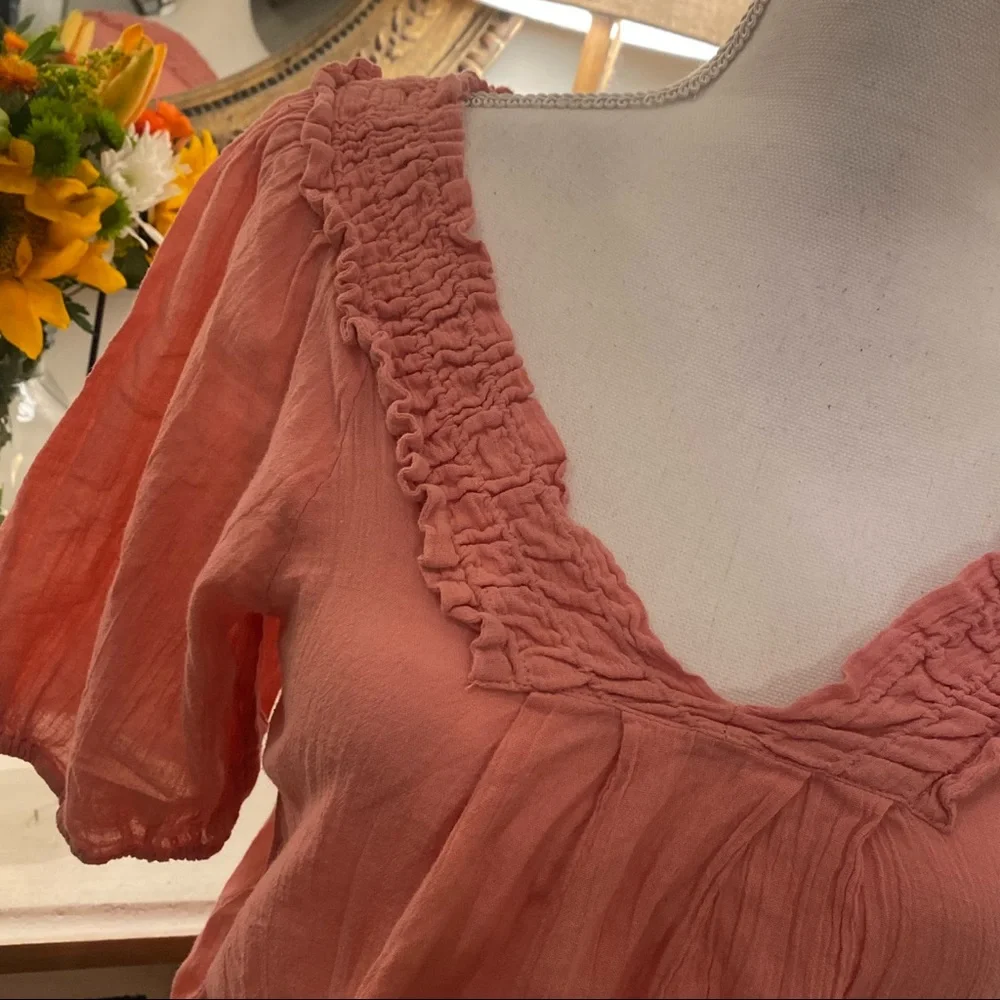 Nine West Pink Gauzy Top Small S Boho Peasant Blouse Lightweight Cotton - Picture 3 of 4